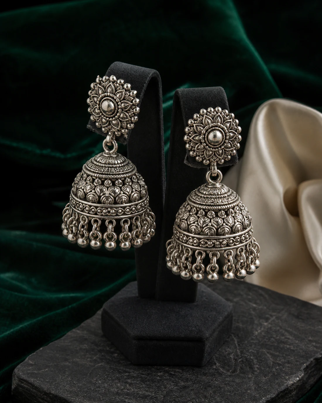 Noor Lotus Silver Jhumkas at Varun Jewellers