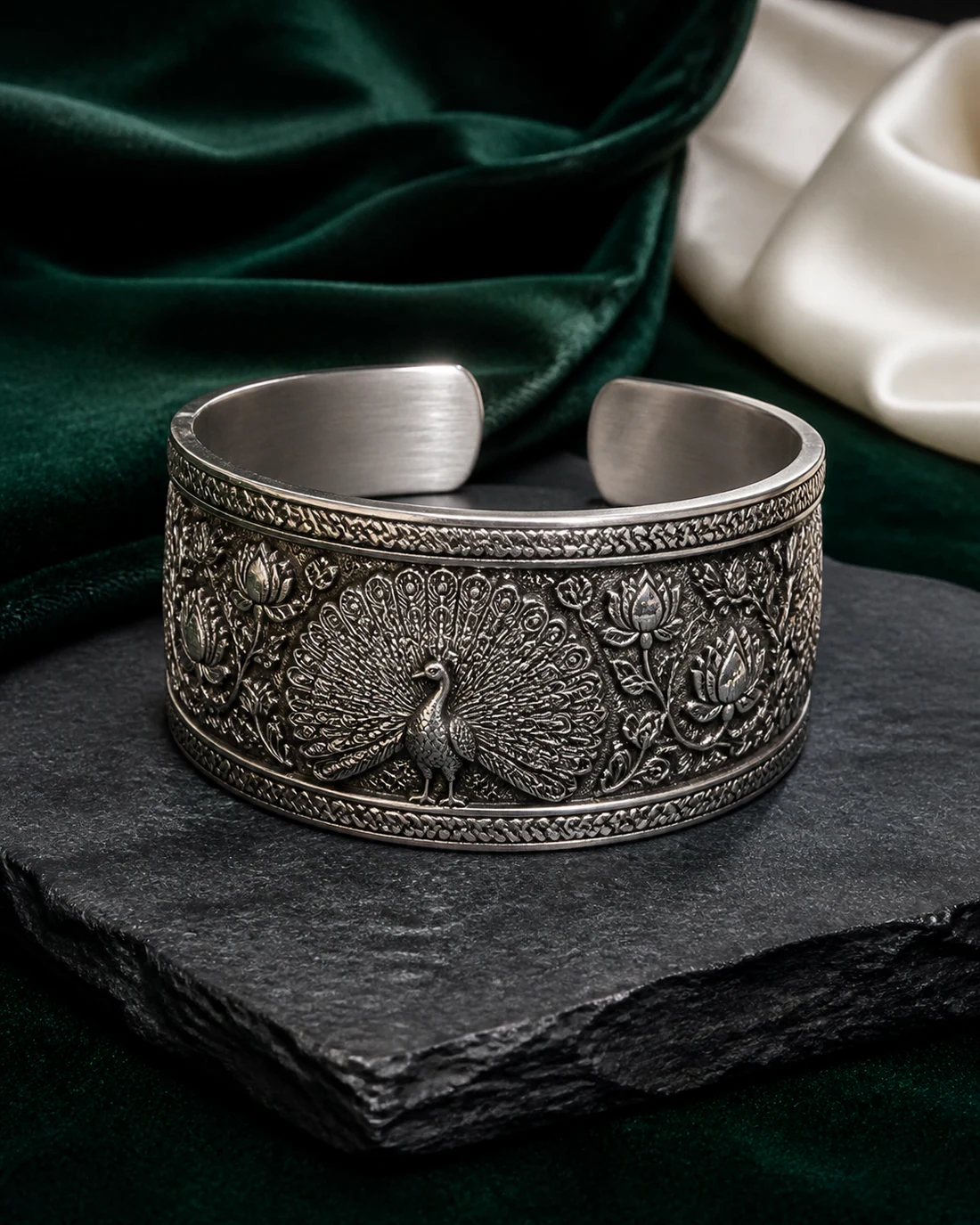 Mayur Engraved Silver Kada at Varun Jewellers